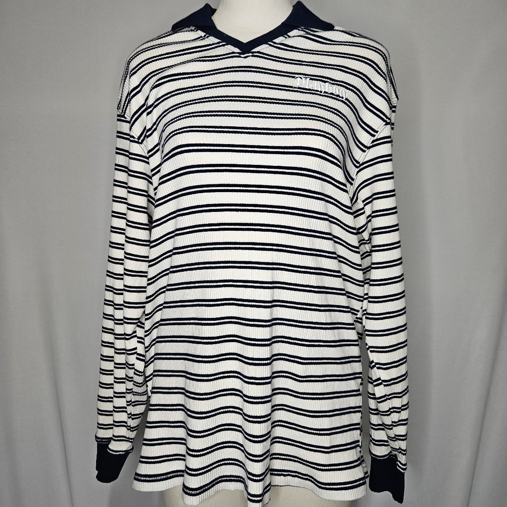 PLAYBOY Navy and White Striped Long Sleeve Rugby Tee Sz M